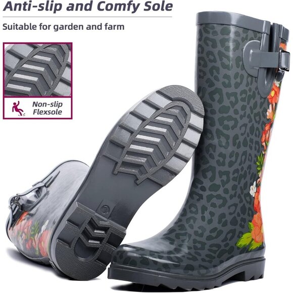 Women's Red Flowers Yellow Waterproof Tall Knee High Rubber landchief Rain Boot - Picture 6 of 6